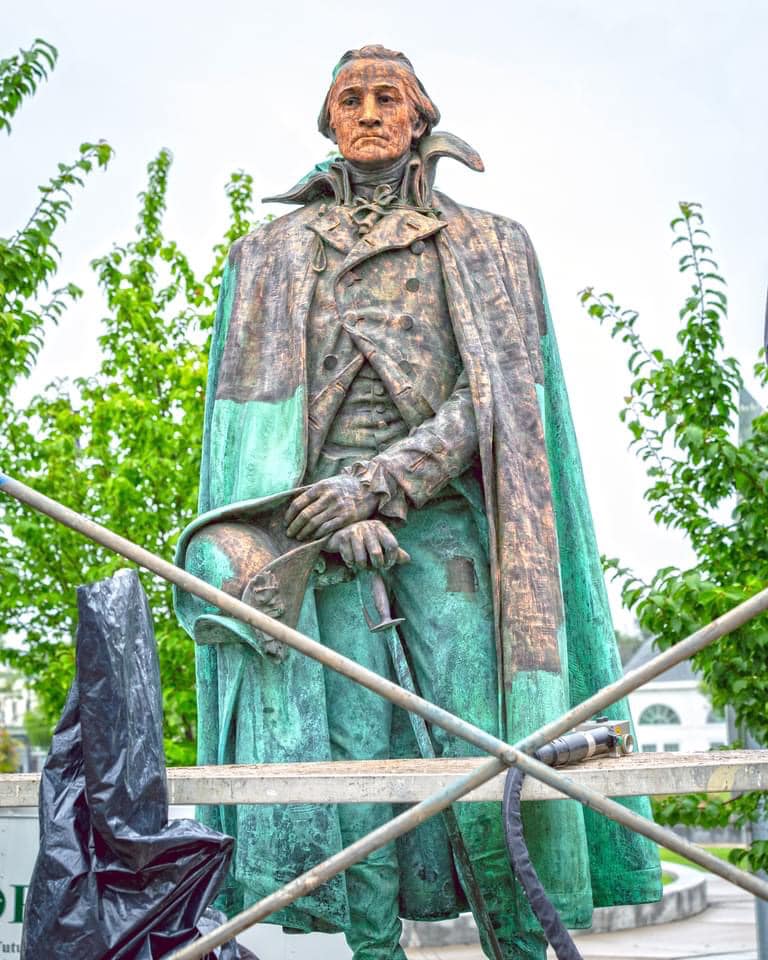 Historic conservation project photo of general shepherd's statue half laser cleaned