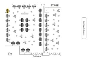 Floor plan of a tradeshow with a stage, entrance, and booth 14 highlighted yellow